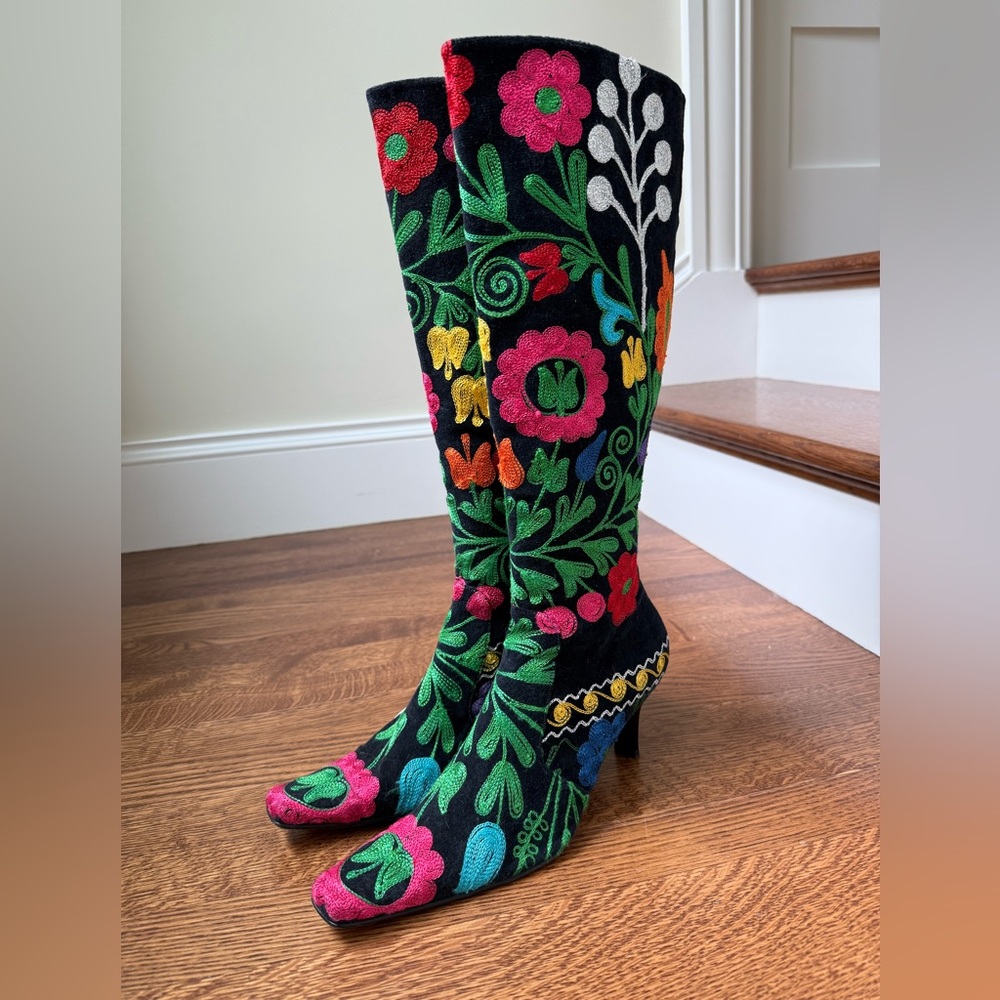EDOCHE Floral Embroidered Turkish Suzani Heeled Tall Boots Artsy Coquette 40